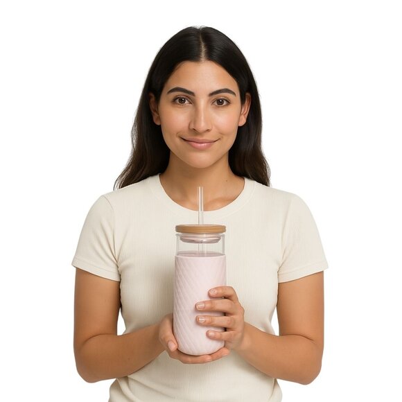 18 OZ Ello Devon Glass Container Tumbler Pink Satin Silicone Sleeve Wooden Lid - Picture 1 of 14